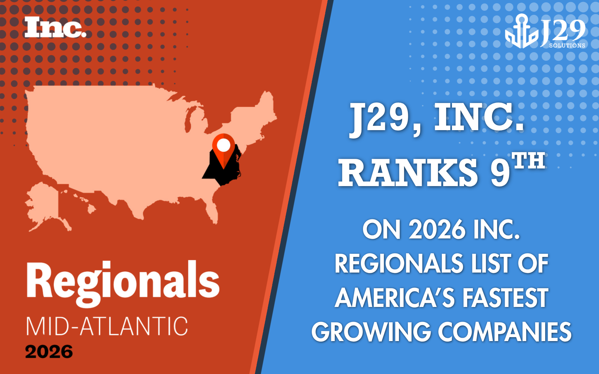 J29, Inc. Ranks #9 on the Inc. Regionals 2026 List of the Fastest-Growing Companies in the Mid-Atlantic